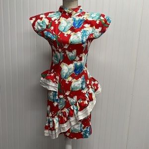 Vintage 80’s Floral winding ruffle‎ trim big shoulder mini Dress